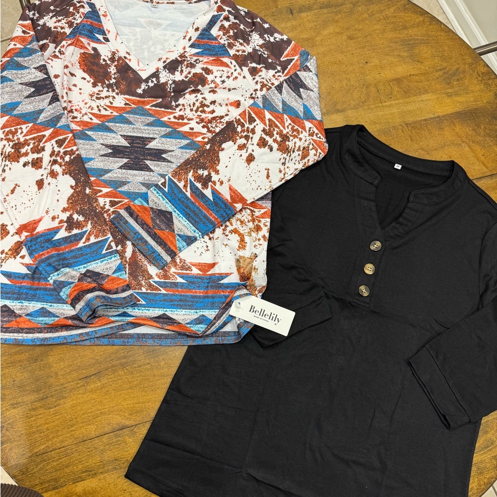 NWT Bundle Western Style Boutique Tops Geometric Print and Black Long Sleeve